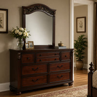 Ansa Arched Dresser Mirror, Carved Frame, Dark Cherry Brown Wood 37x41