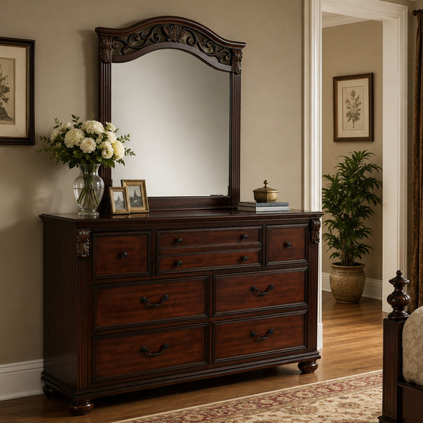 Ansa Arched Dresser Mirror, Carved Frame, Dark Cherry Brown Wood 37x41