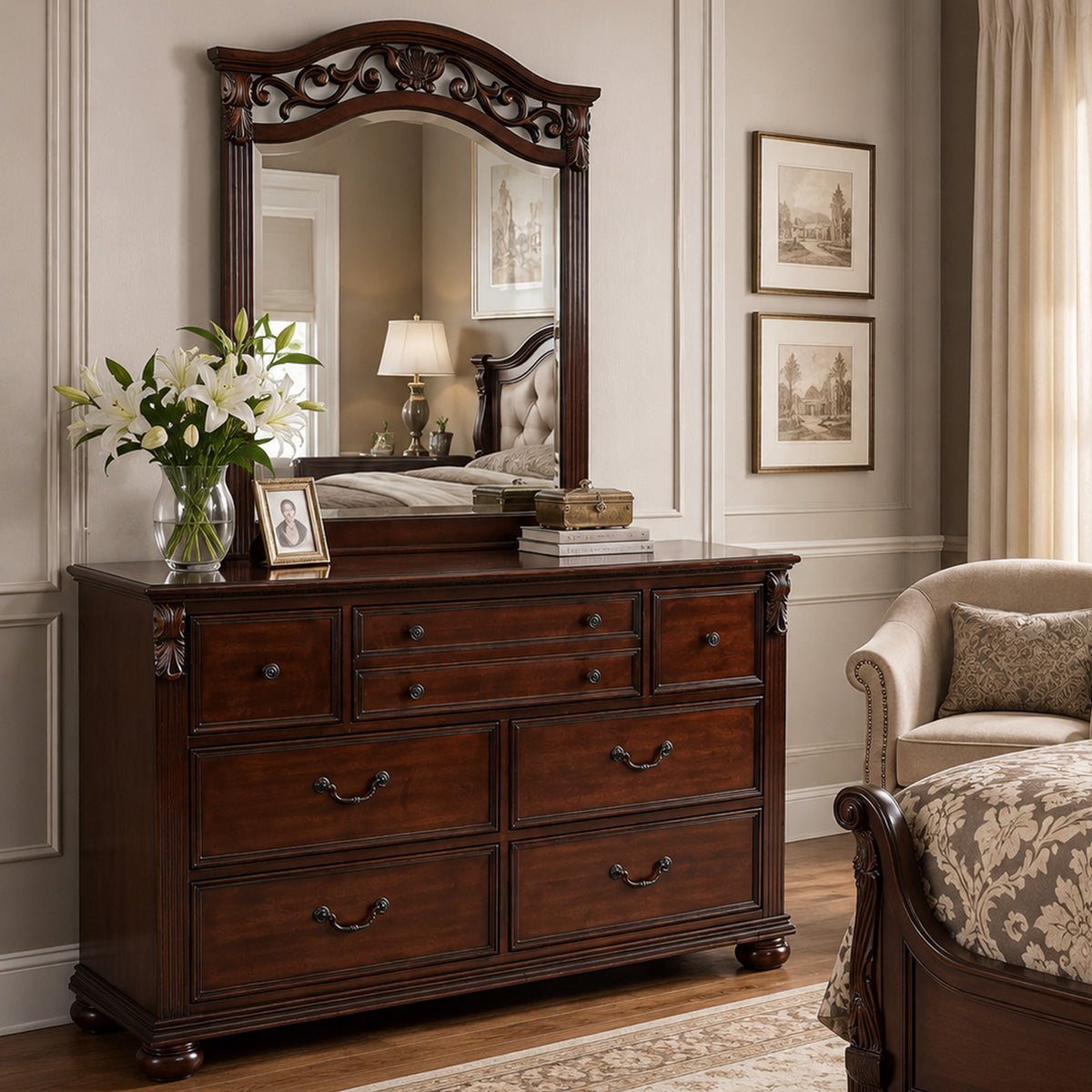 Ansa Arched Dresser Mirror, Carved Frame, Dark Cherry Brown Wood 37x41