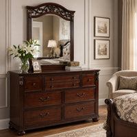 Ansa Arched Dresser Mirror, Carved Frame, Dark Cherry Brown Wood 37x41