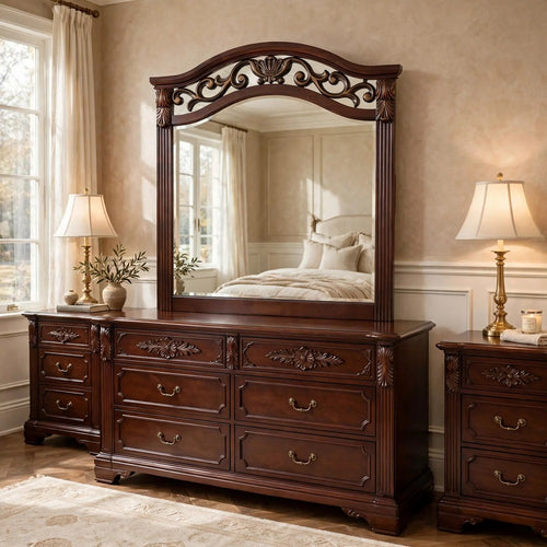 Ansa Arched Dresser Mirror, Carved Frame, Dark Cherry Brown Wood 37x41