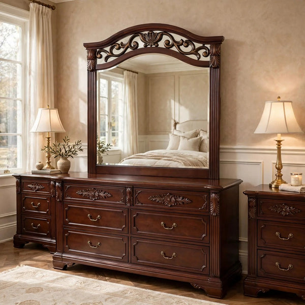 Ansa Arched Dresser Mirror, Carved Frame, Dark Cherry Brown Wood 37x41