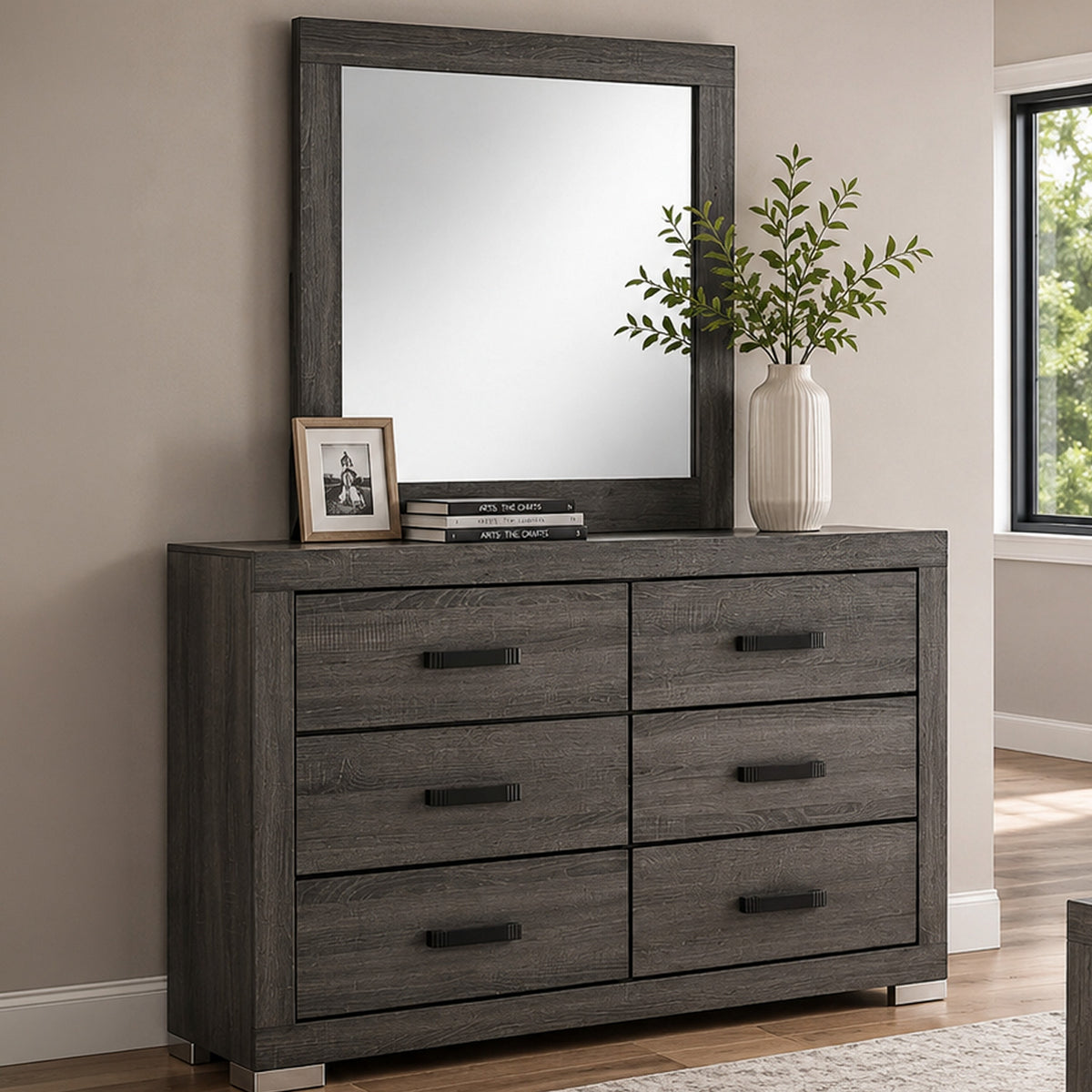 Luyi Dresser Mirror, Framed Border, Textured Foil Gray 35 Inch Square
