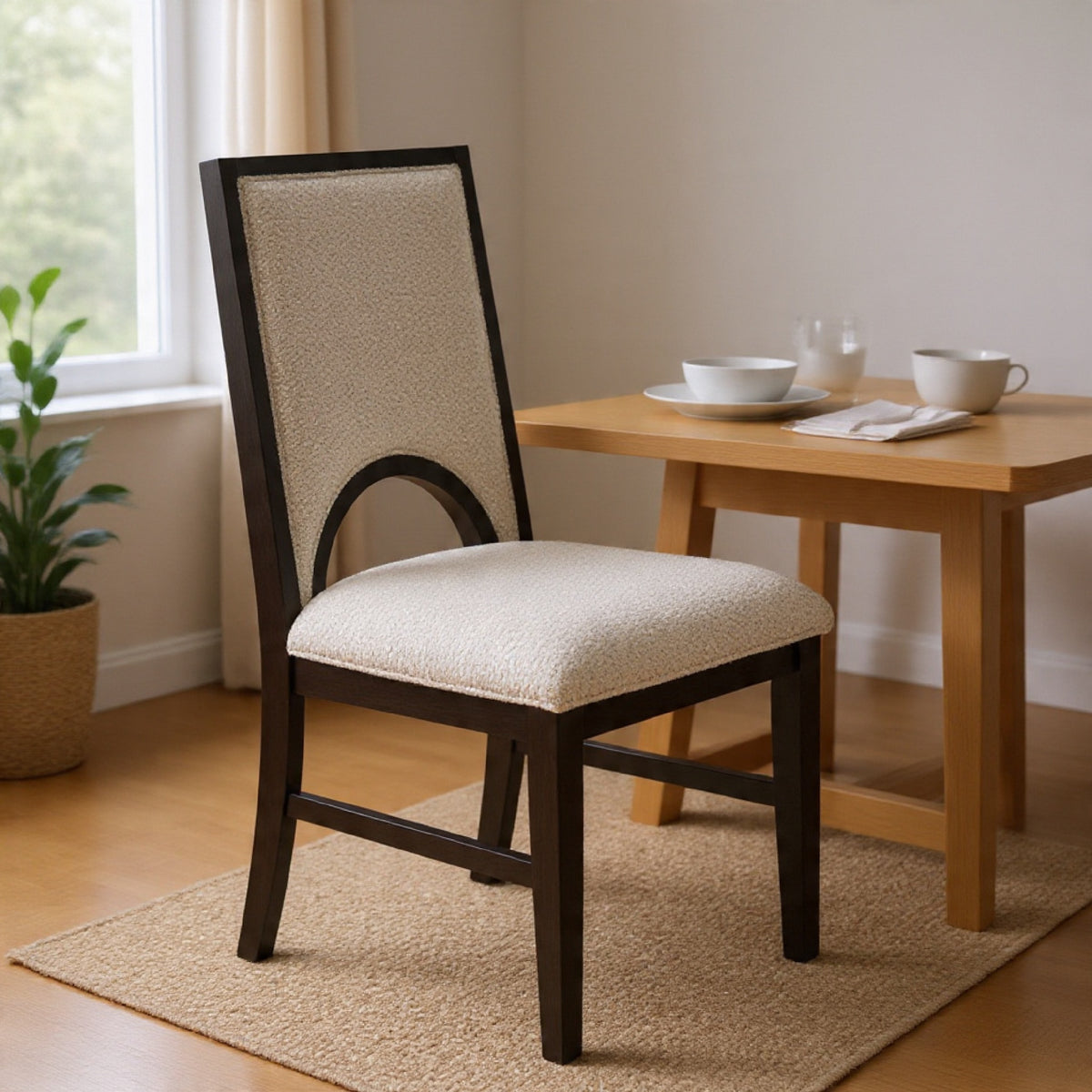Alok Dining Side Chair Set of 2, Arch Cutout Back, White Cushions, Black