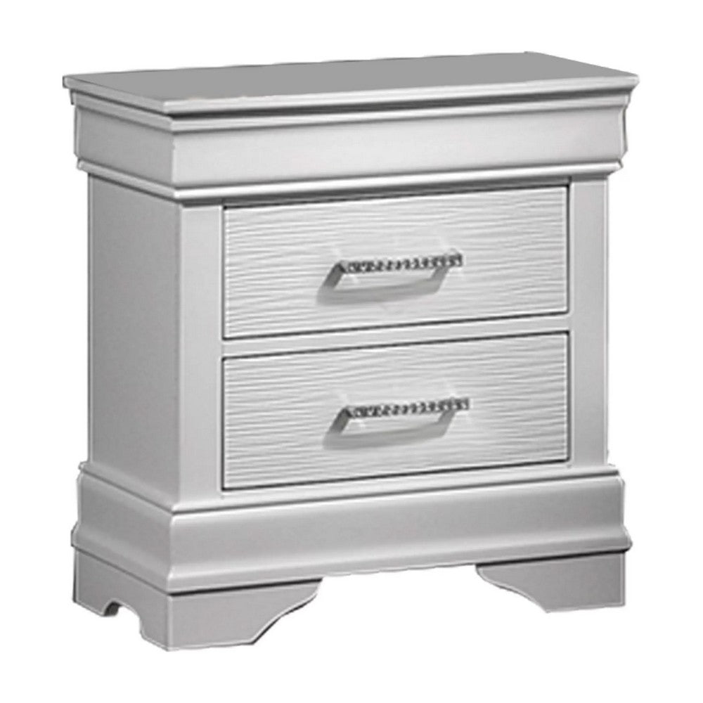 Shoba Nightstand, 2 Textured Drawers, Faux Diamond Inlaid Handles, White