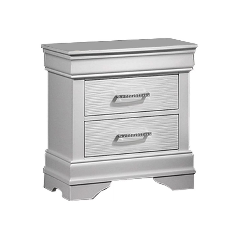 Shoba Nightstand, 2 Textured Drawers, Faux Diamond Inlaid Handles, White