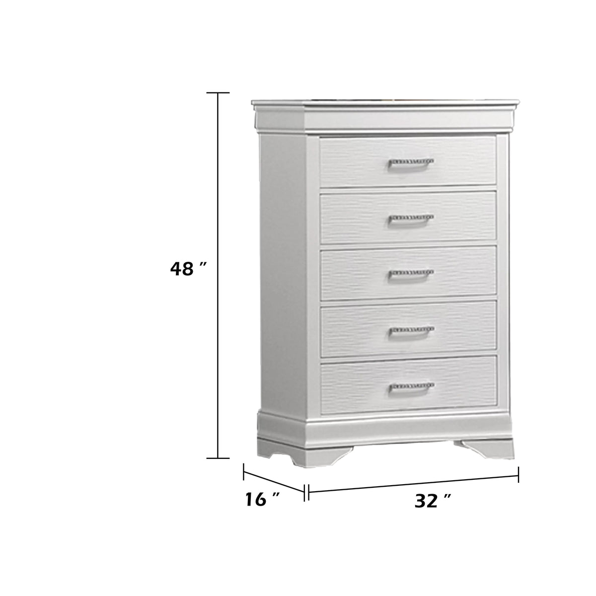 Shoba Tall Dresser Chest, 5 Textured Drawers, Faux Diamond Handles, White