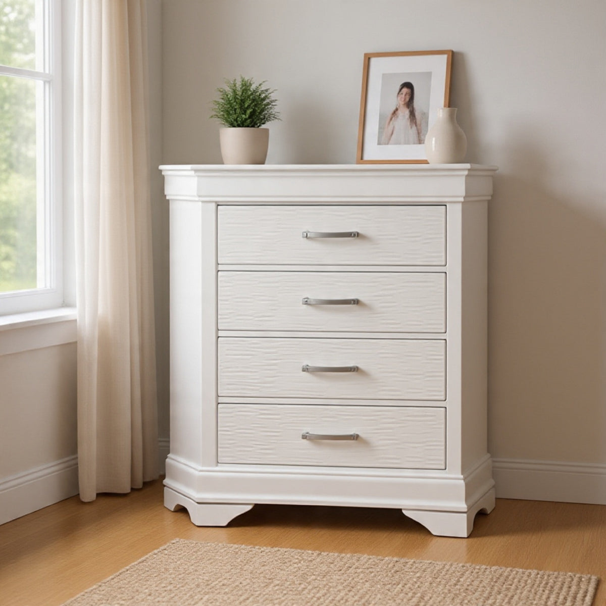 Shoba Tall Dresser Chest, 5 Textured Drawers, Faux Diamond Handles, White