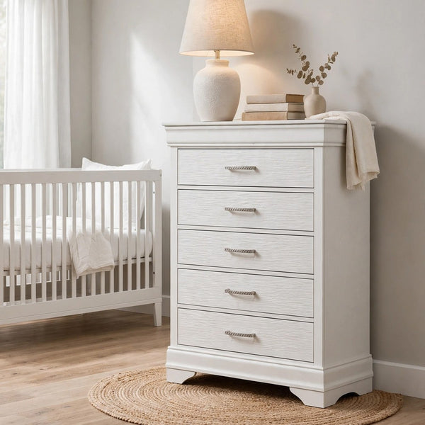 Shoba Tall Dresser Chest, 5 Textured Drawers, Faux Diamond Handles, White