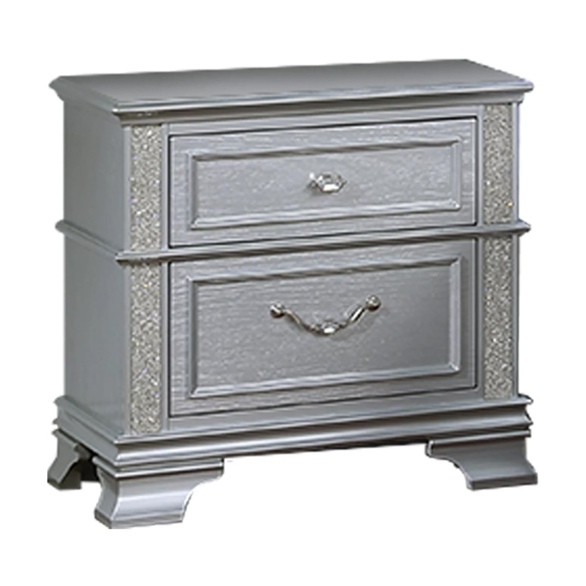 Kiol Nightstand, 2 Drawers, Glitter Stripes, Crystal Handles, Gray
