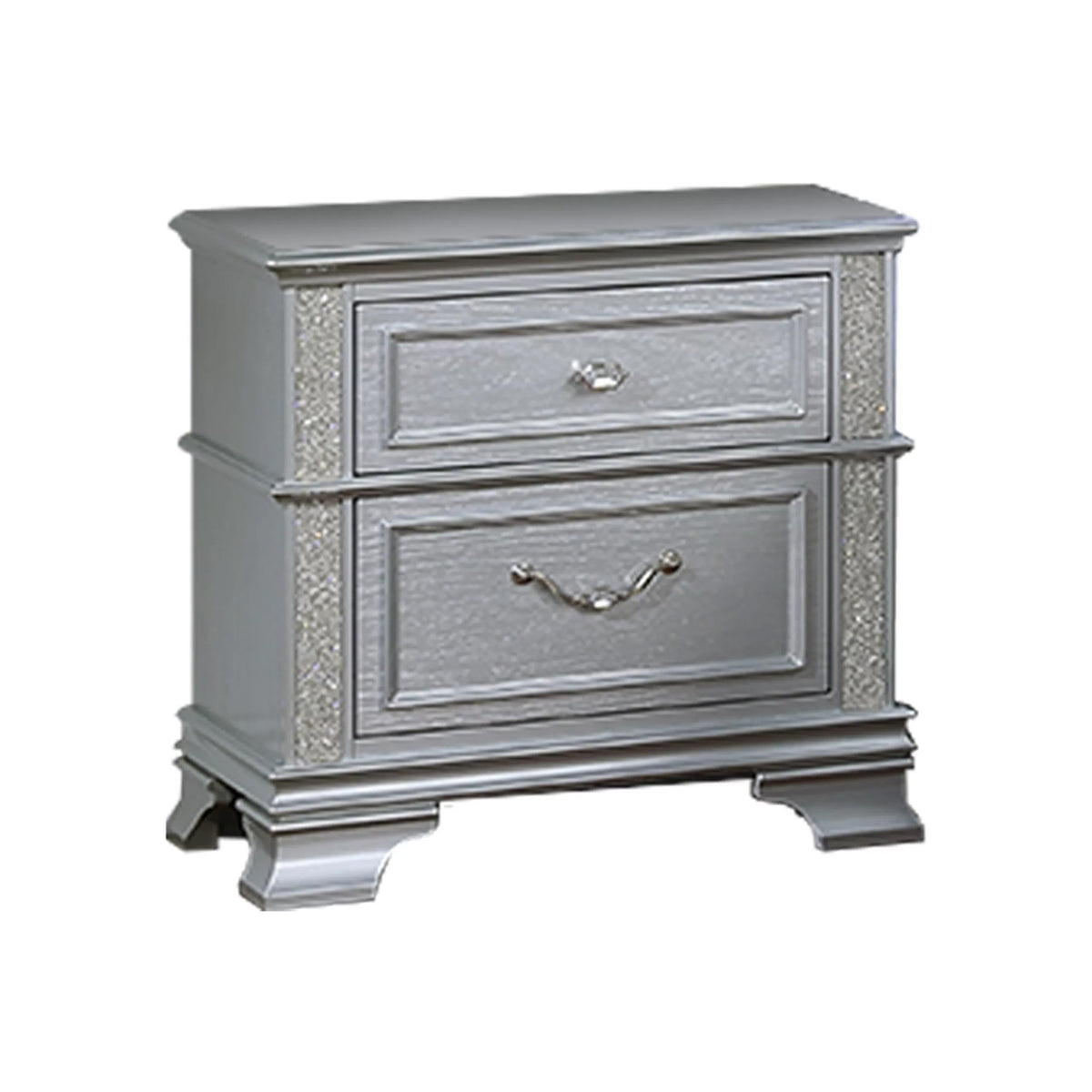 Kiol Nightstand, 2 Drawers, Glitter Stripes, Crystal Handles, Gray