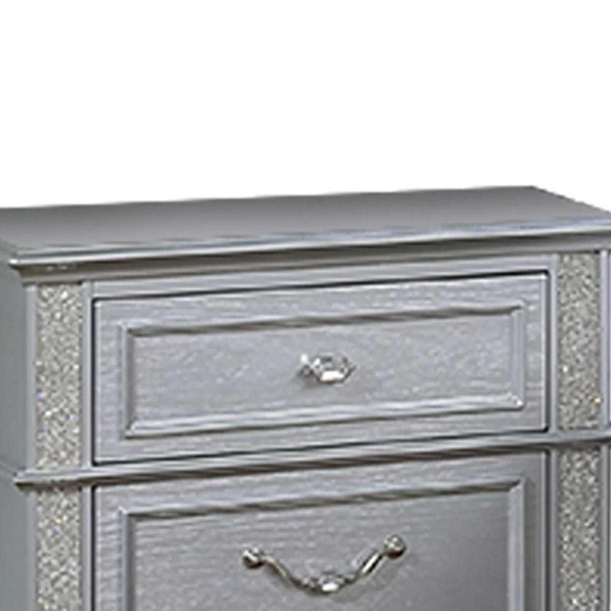 Kiol Nightstand, 2 Drawers, Glitter Stripes, Crystal Handles, Gray