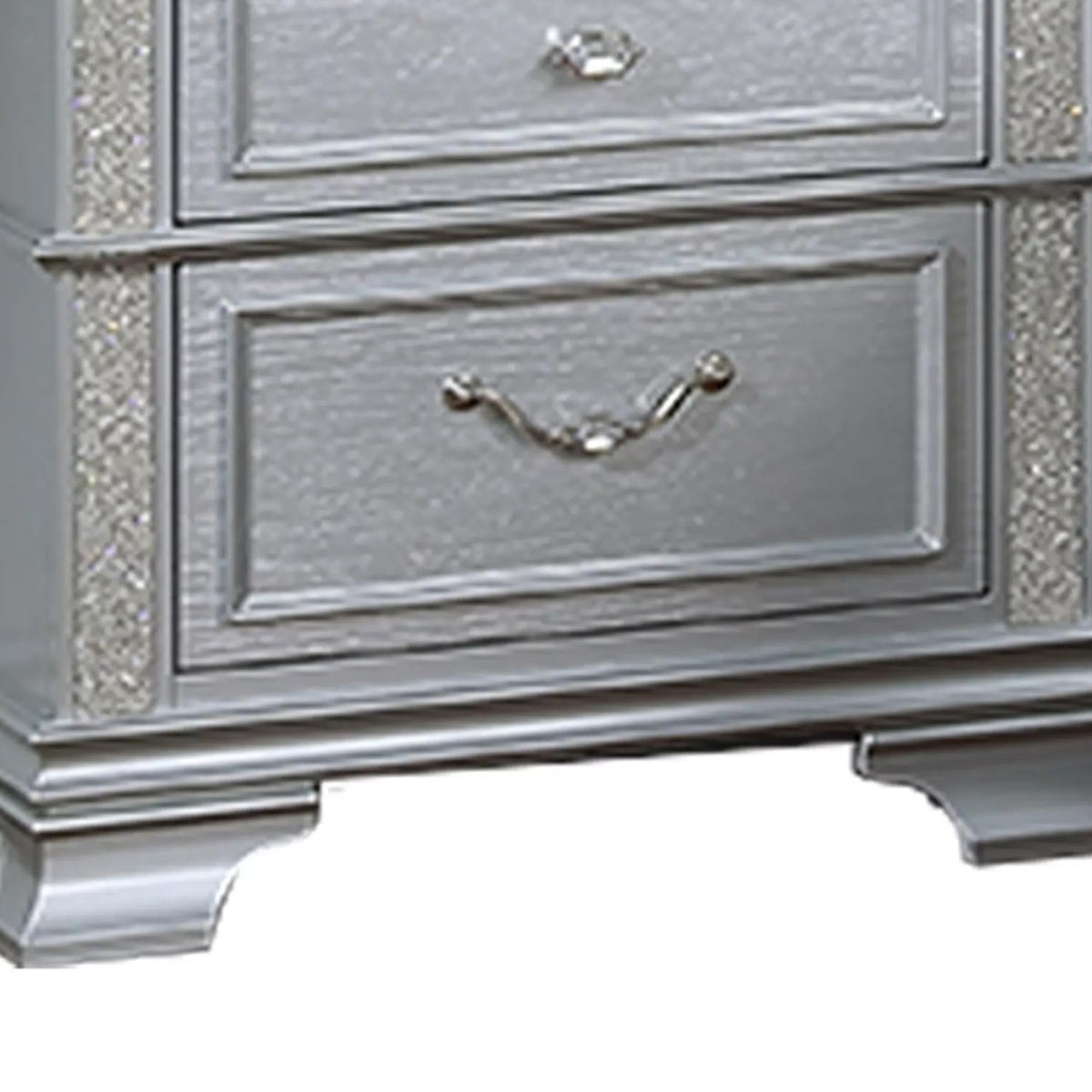 Kiol Nightstand, 2 Drawers, Glitter Stripes, Crystal Handles, Gray
