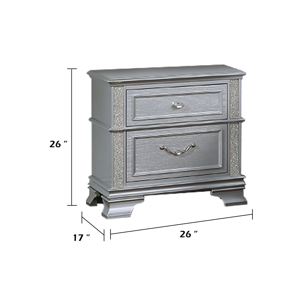 Kiol Nightstand, 2 Drawers, Glitter Stripes, Crystal Handles, Gray