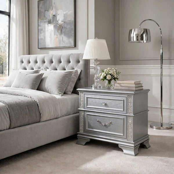 Kiol Nightstand, 2 Drawers, Glitter Stripes, Crystal Handles, Gray