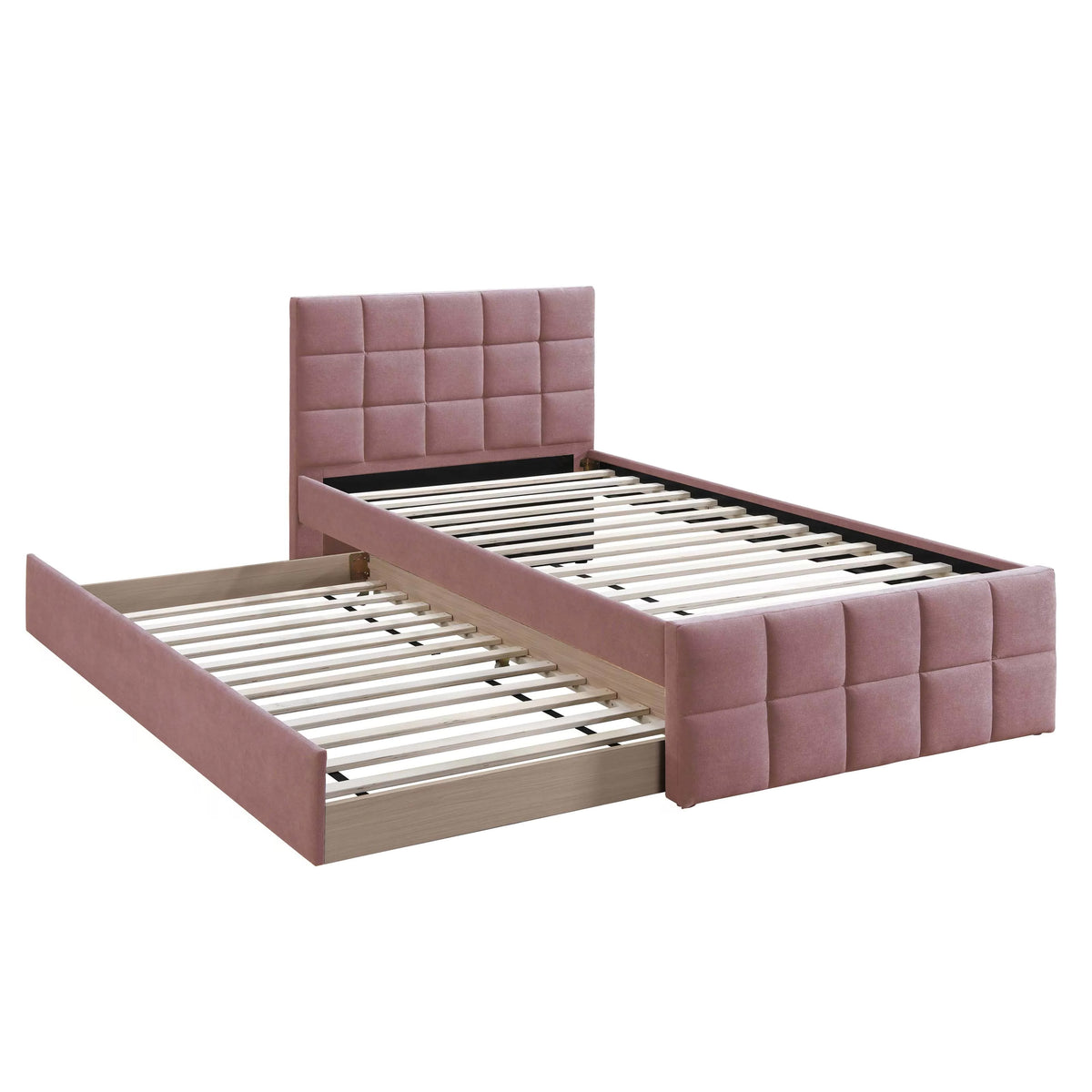 Shahi Full Platform Bed w Trundle, Tufted Pink Brushed Linen Upholstery