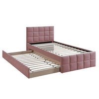 Shahi Full Platform Bed w Trundle, Tufted Pink Brushed Linen Upholstery
