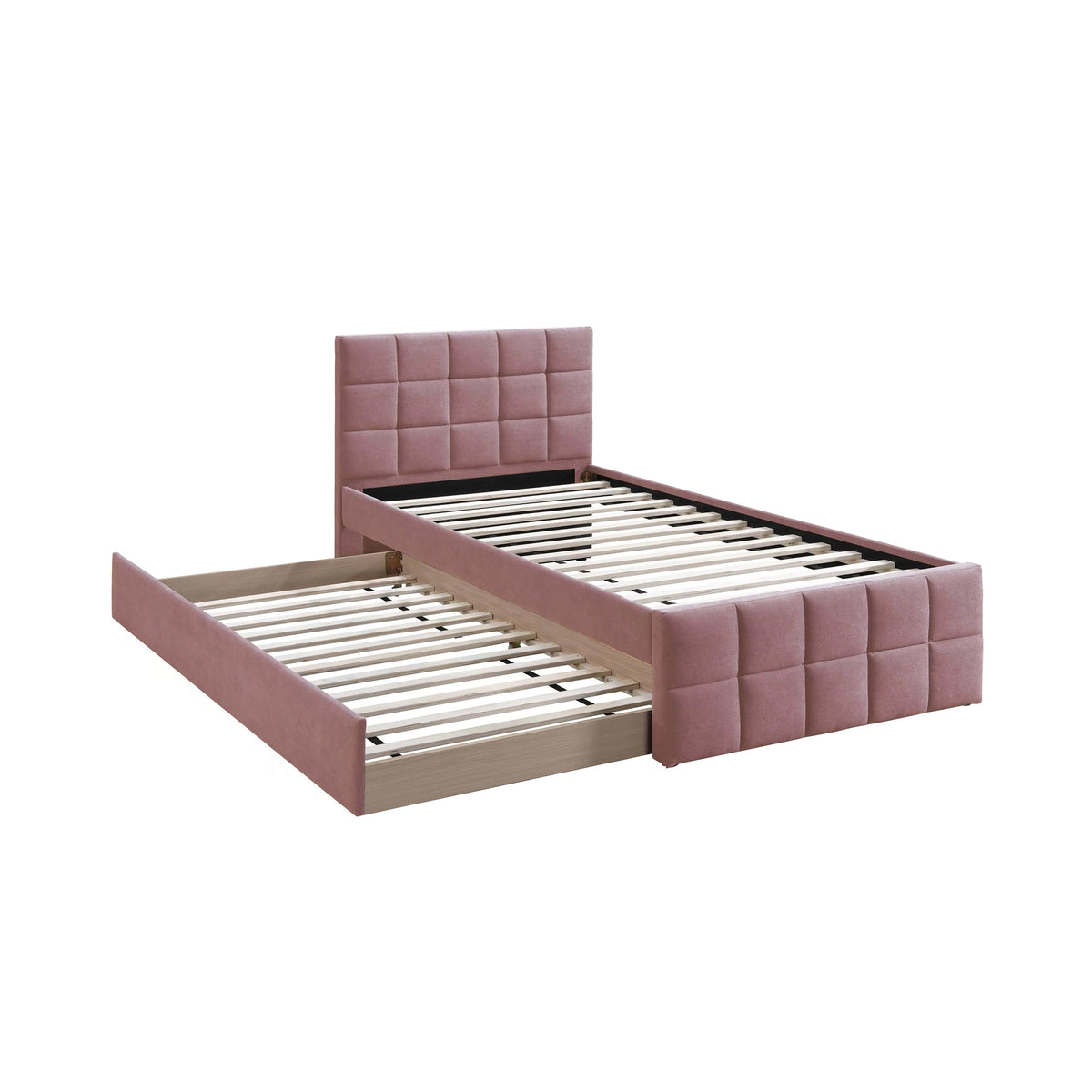 Shahi Full Platform Bed w Trundle, Tufted Pink Brushed Linen Upholstery