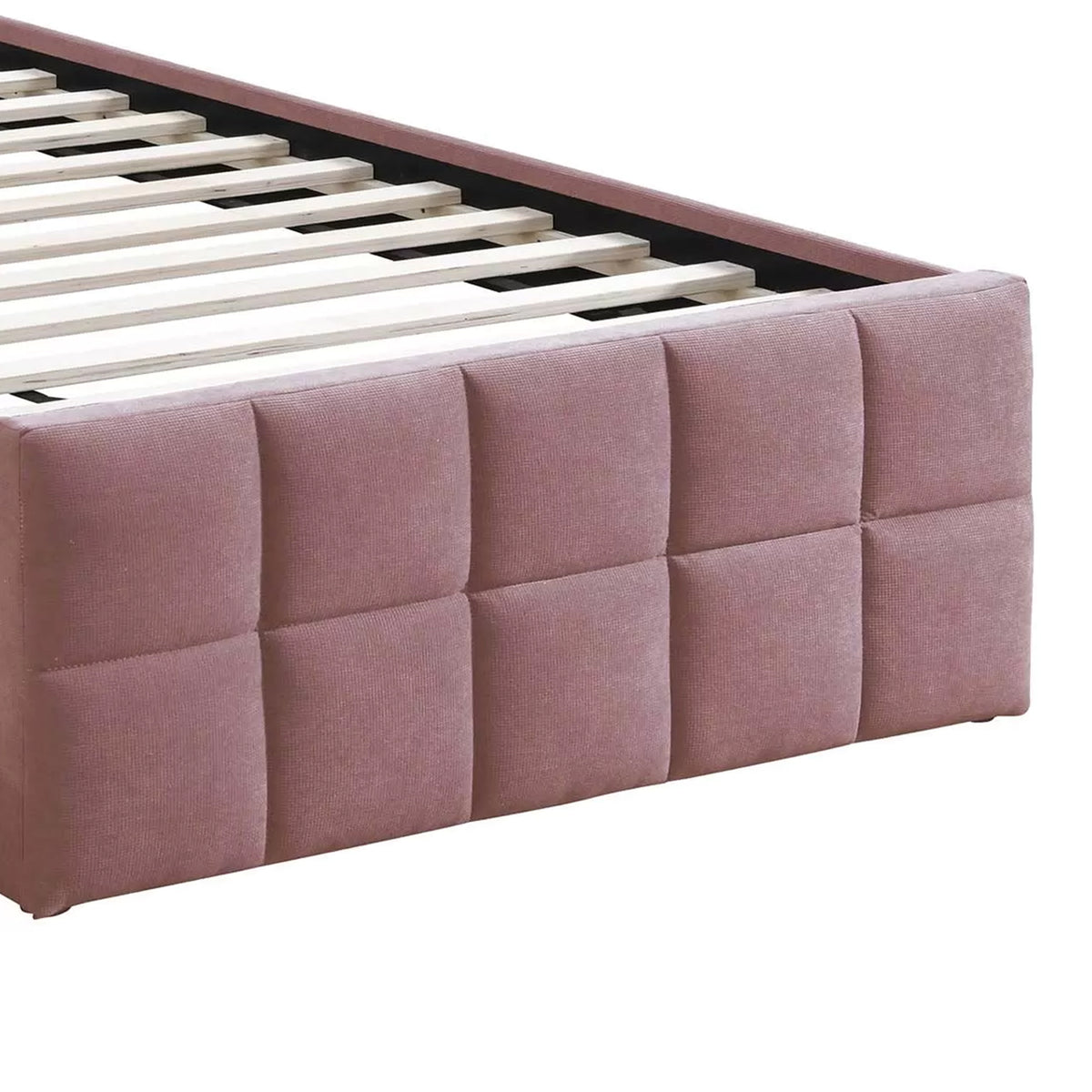 Shahi Full Platform Bed w Trundle, Tufted Pink Brushed Linen Upholstery