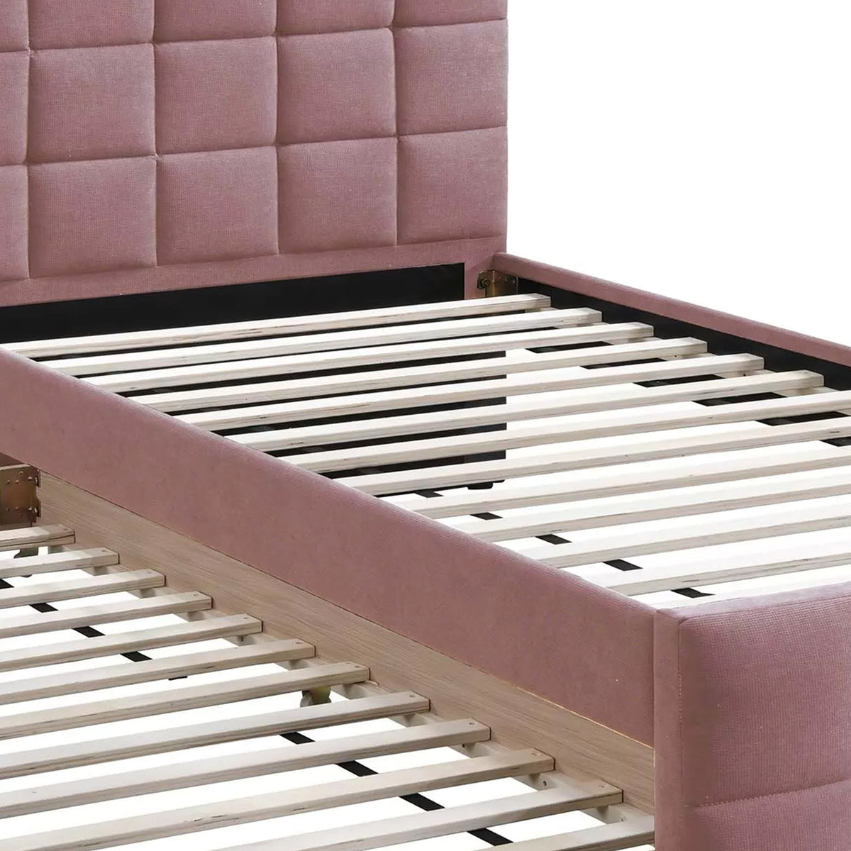 Shahi Full Platform Bed w Trundle, Tufted Pink Brushed Linen Upholstery