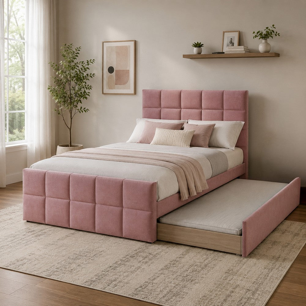 Shahi Full Platform Bed w Trundle, Tufted Pink Brushed Linen Upholstery