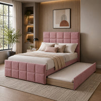 Shahi Full Platform Bed w Trundle, Tufted Pink Brushed Linen Upholstery