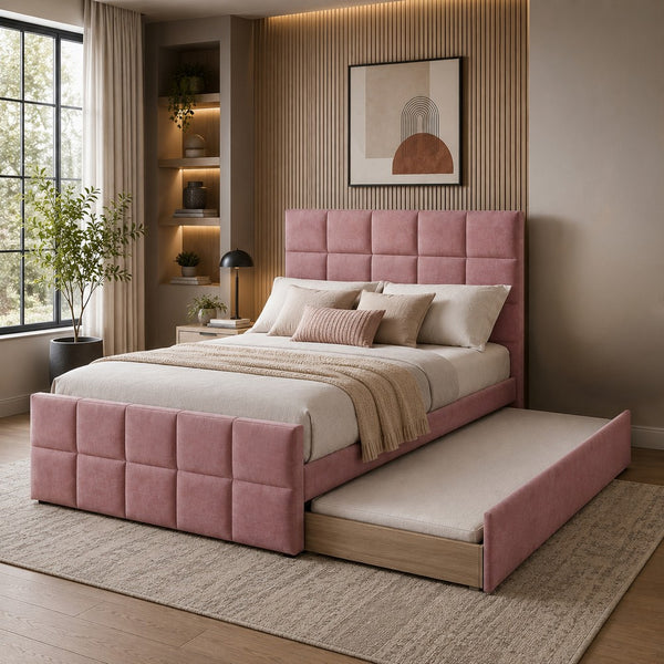 Shahi Full Platform Bed w Trundle, Tufted Pink Brushed Linen Upholstery