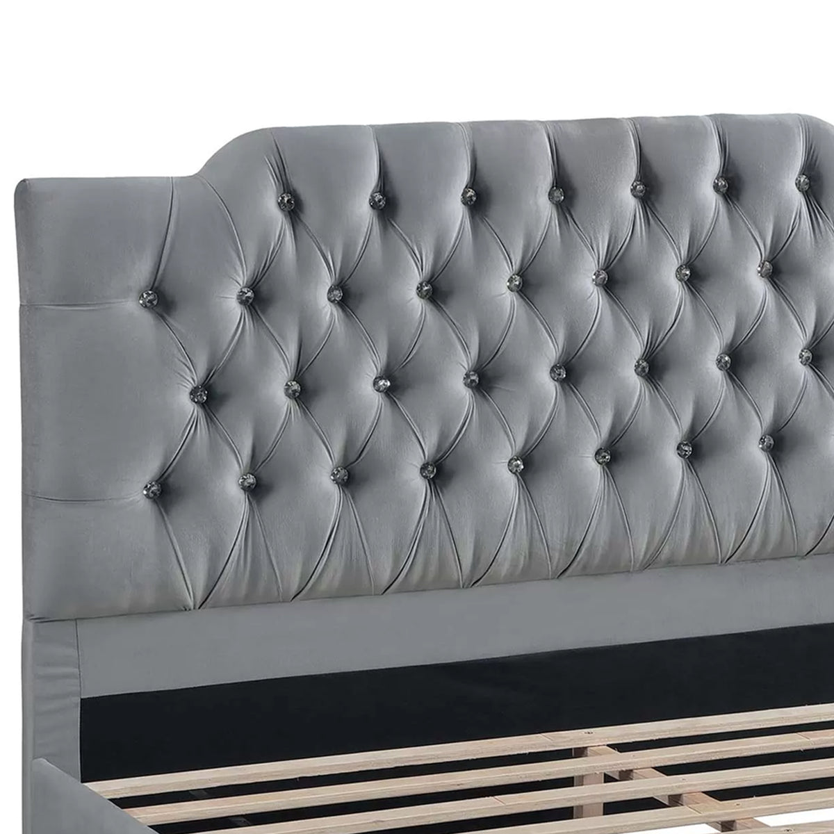 Yuko Full Platform Bed, Tufted Gray Velvet Upholstery, Espresso Brown