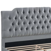 Yuko Full Platform Bed, Tufted Gray Velvet Upholstery, Espresso Brown