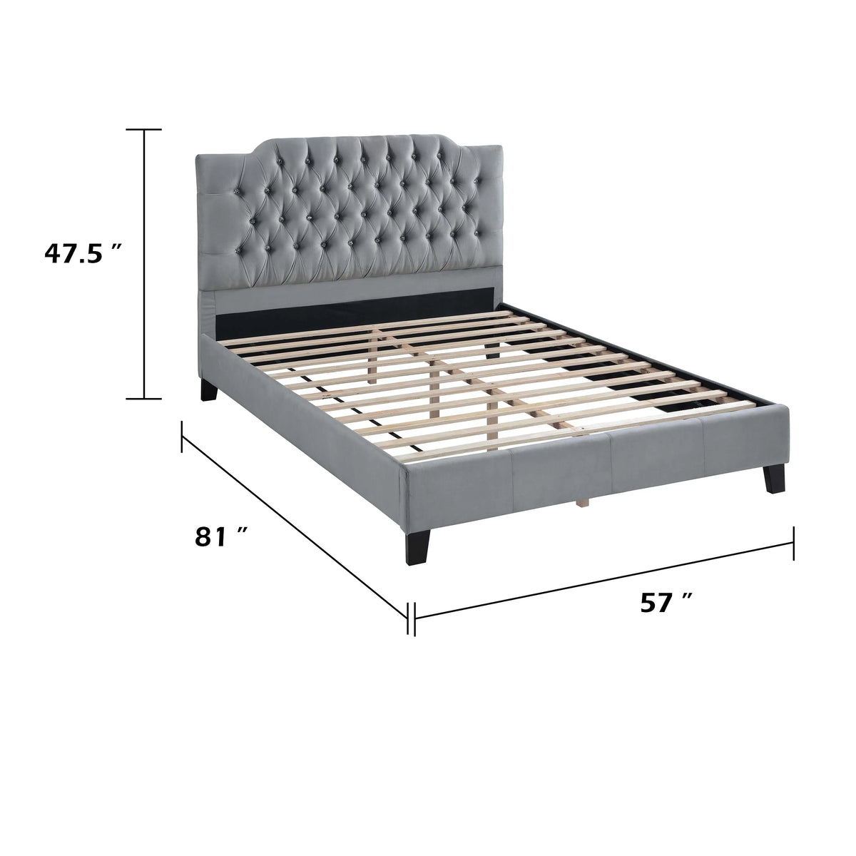 Yuko Full Platform Bed, Tufted Gray Velvet Upholstery, Espresso Brown