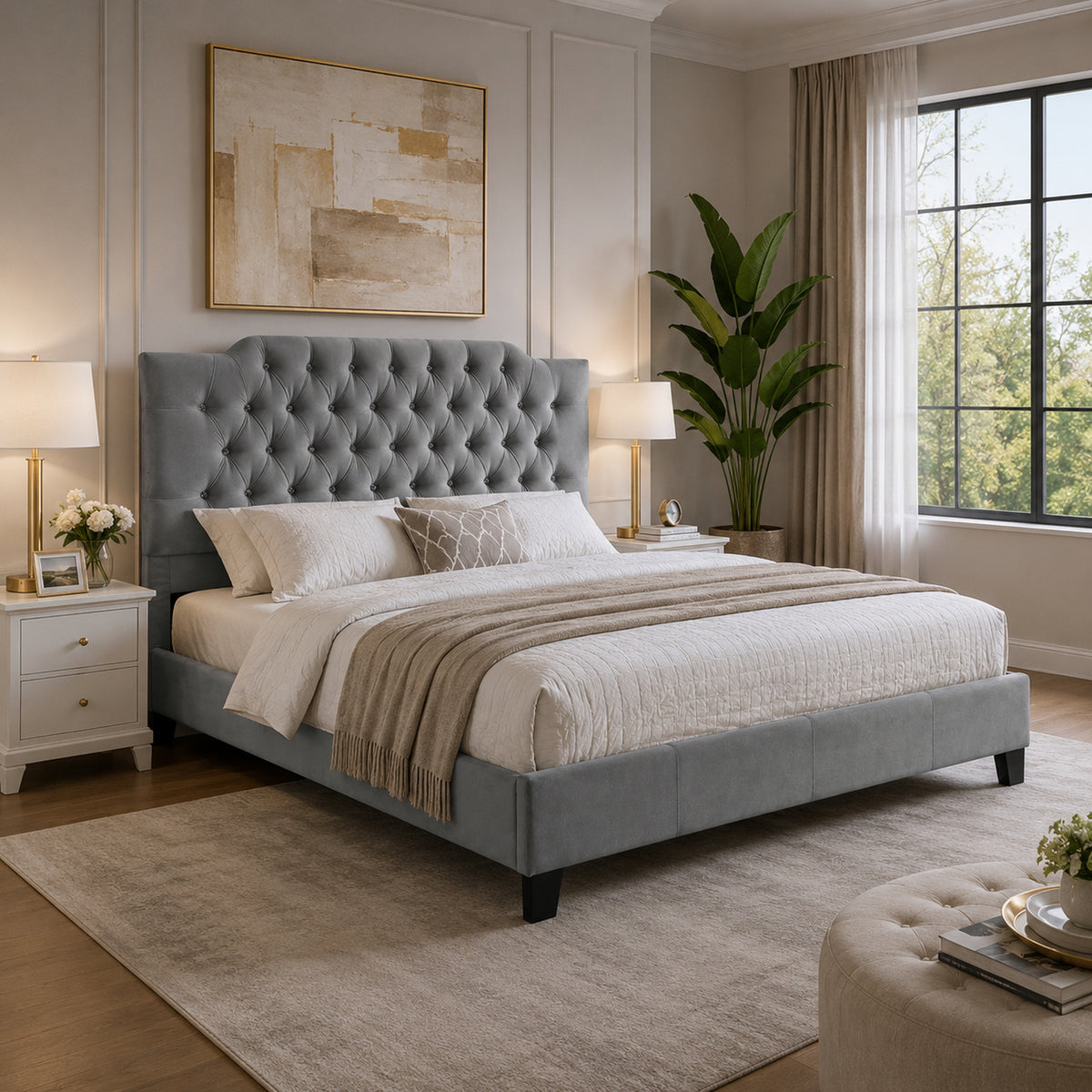 Yuko Full Platform Bed, Tufted Gray Velvet Upholstery, Espresso Brown