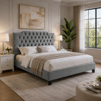 Yuko Full Platform Bed, Tufted Gray Velvet Upholstery, Espresso Brown