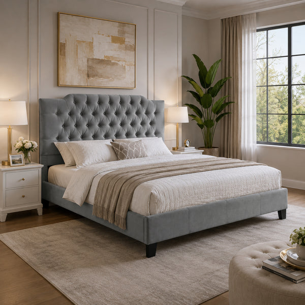 Yuko Full Platform Bed, Tufted Gray Velvet Upholstery, Espresso Brown