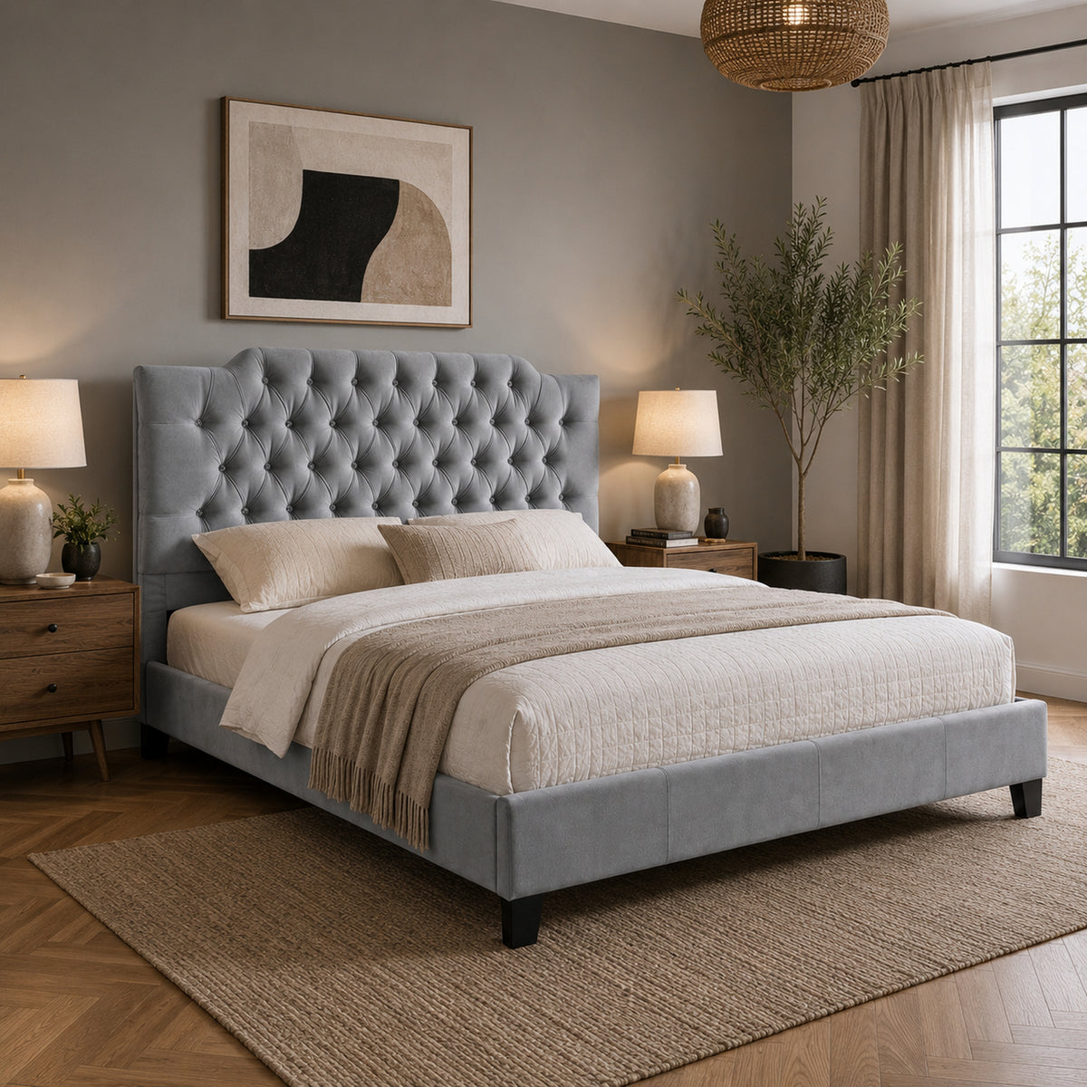 Yuko Full Platform Bed, Tufted Gray Velvet Upholstery, Espresso Brown