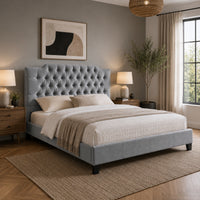 Yuko Full Platform Bed, Tufted Gray Velvet Upholstery, Espresso Brown