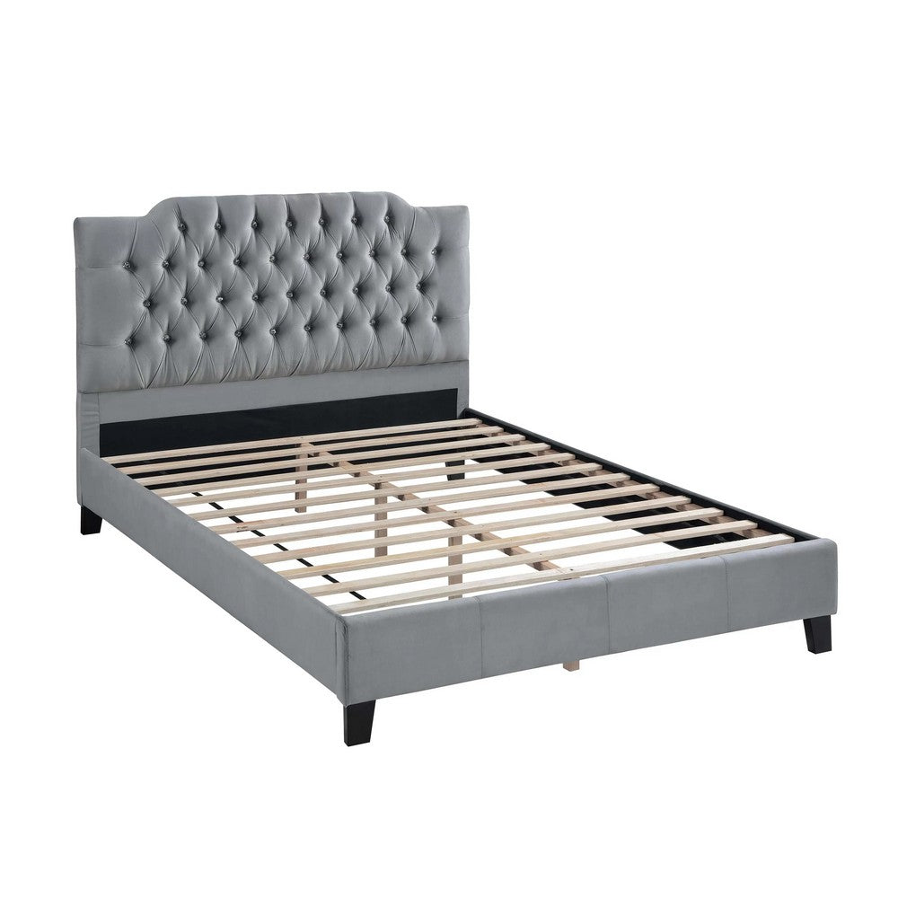 Yuko Full Platform Bed, Tufted Gray Velvet Upholstery, Espresso Brown