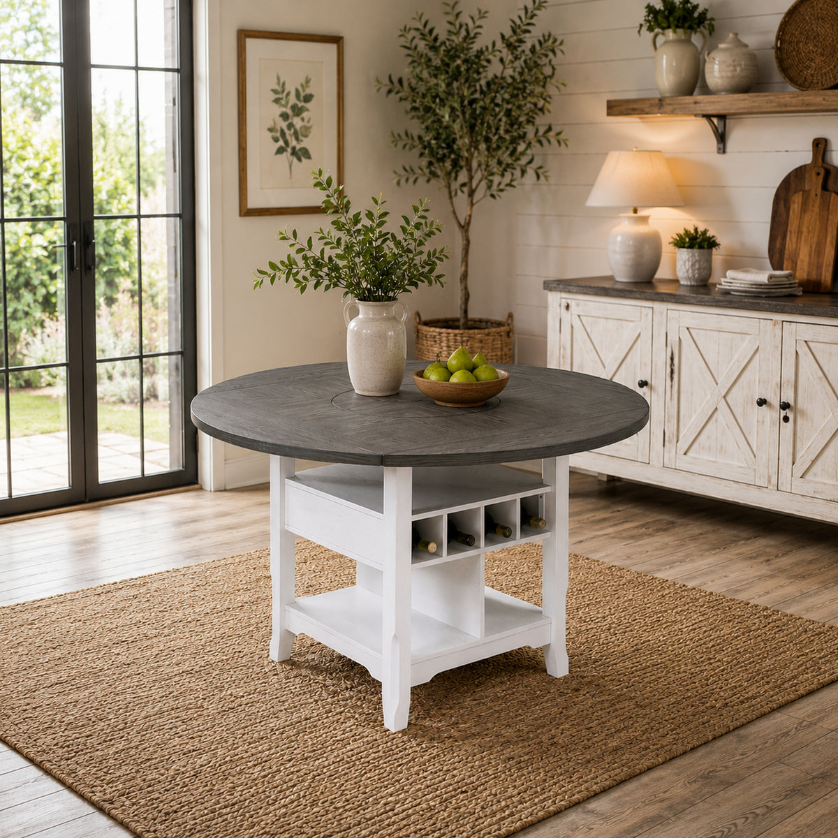 Vora Counter Height Storage Table, 4 Leaves, Antique White, Gray 42-60 Inch