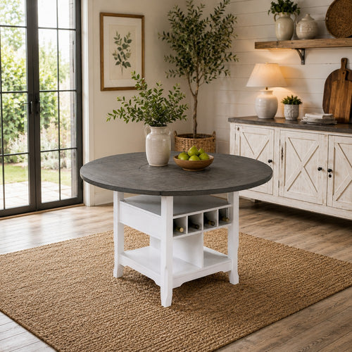 Vora Counter Height Storage Table, 4 Leaves, Antique White, Gray 42-60 Inch