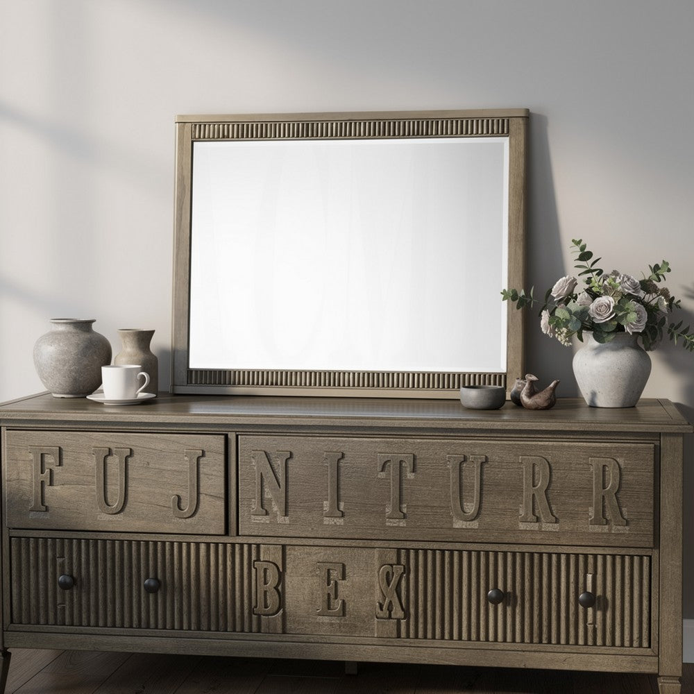 Leky Dresser Mirror, Ribbed Wooden Frame, Antique Oak Brown, 38x43 - BM354610