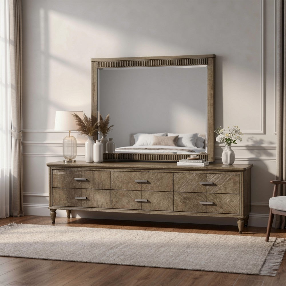 Leky Dresser Mirror, Ribbed Wooden Frame, Antique Oak Brown, 38x43 - BM354610