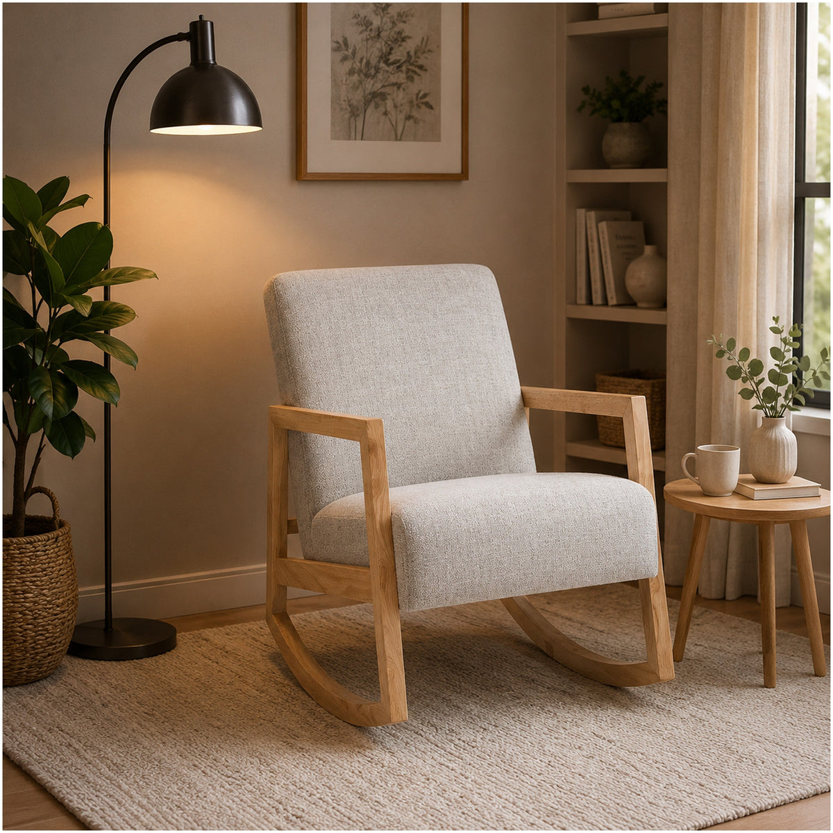 Wych Accent Rocking Chair with Natural Brown Wood Frame, Gray Fabric-BM354631