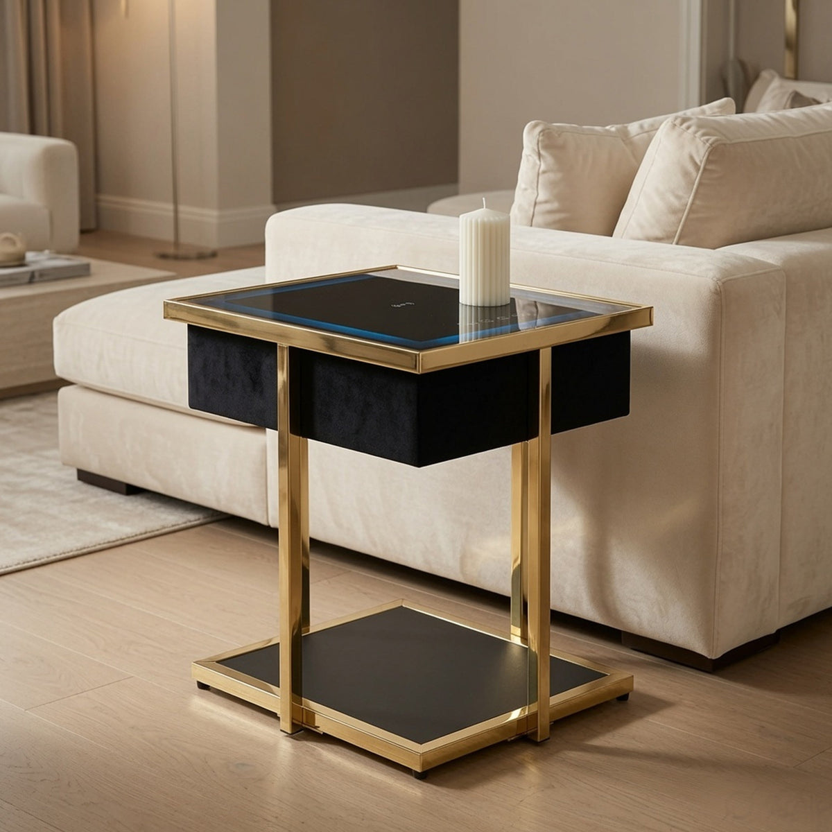 Rexy Accent Table with Built-In Speaker, Gold Metal, Black Mirror, 22 Inch-BM354632