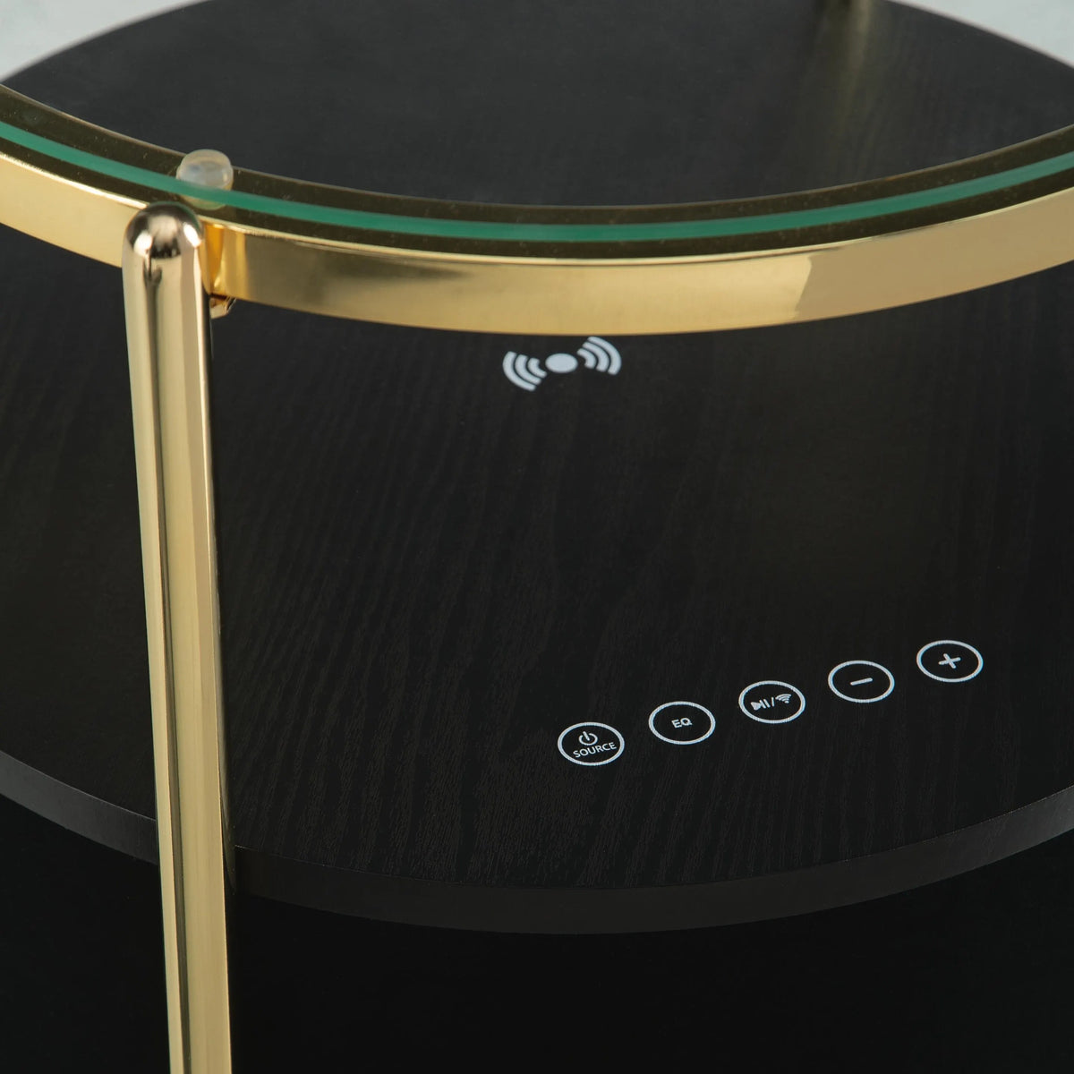 Noddy Accent Table with Glass Top, Built-In Speaker, Gold Metal, 22 Inch