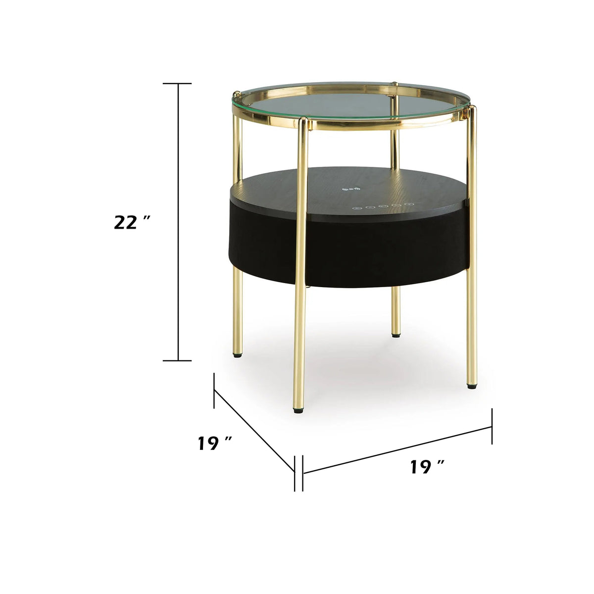 Noddy Accent Table with Glass Top, Built-In Speaker, Gold Metal, 22 Inch