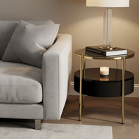 Noddy Accent Table with Glass Top, Built-In Speaker, Gold Metal, 22 Inch