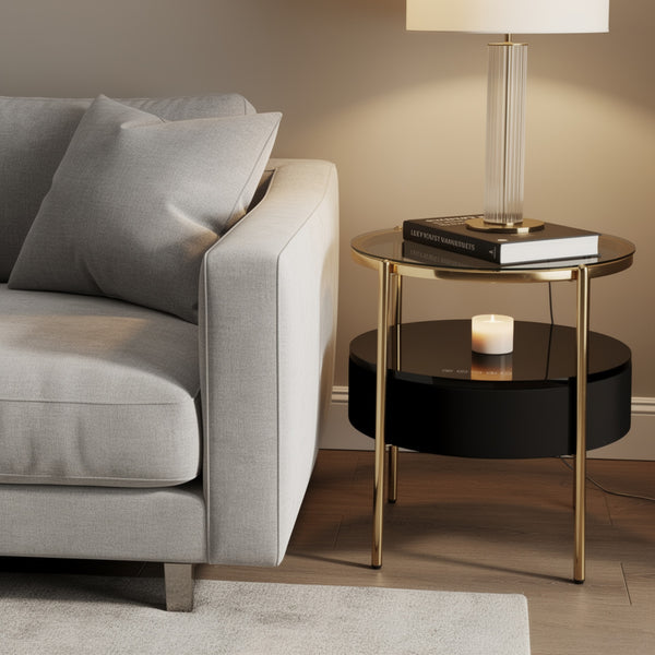Noddy Accent Table with Glass Top, Built-In Speaker, Gold Metal, 22 Inch