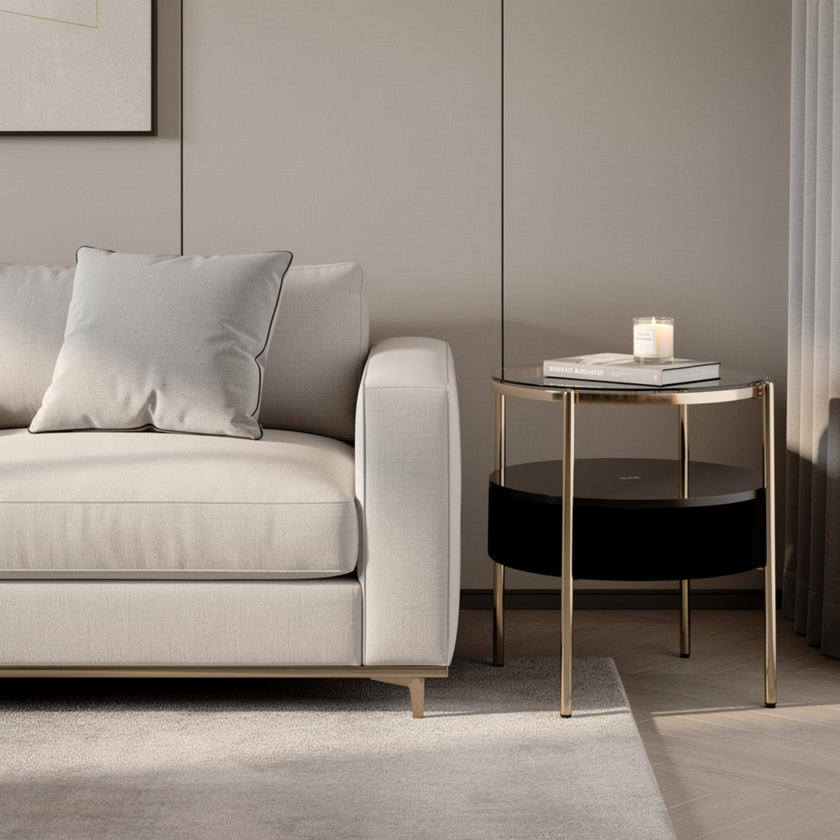 Noddy Accent Table with Glass Top, Built-In Speaker, Gold Metal, 22 Inch