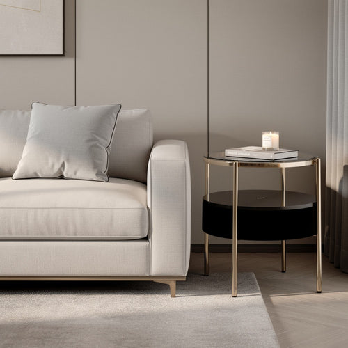 Noddy Accent Table with Glass Top, Built-In Speaker, Gold Metal, 22 Inch