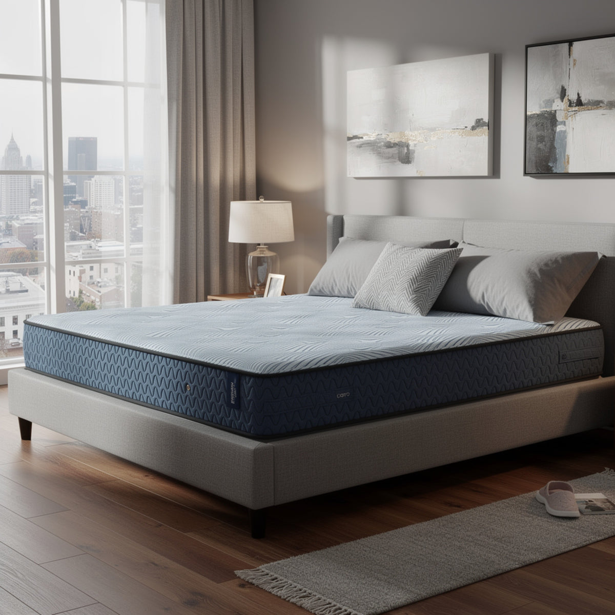 Pmy Hybrid Queen Mattress with Cooling Coil Support, Blue Polyester
