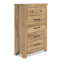 Maki Tall Dresser Chest, 5 Drawers, Natural Brown Finish and Bronze Knobs